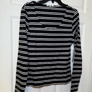 Three Dots Black Scoop Neck Blouse White Stripes Large NWT Cotton Comfy